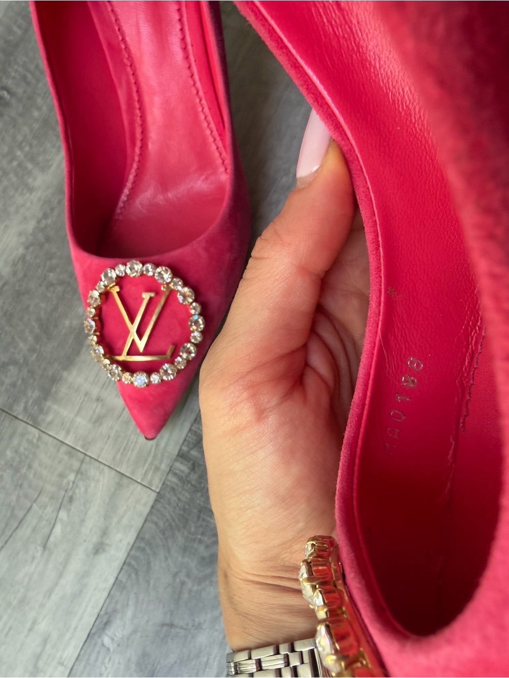 Louis Vuitton Pink Suede Pointed-Toe Heels with Crystal LV Emblem - Picture 7 of 14
